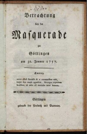 Betrachtung bey der Masquerade zu Göttingen am 31. Jenner 1757