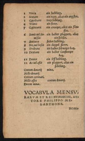 Vocabula Mensurarum Et Rei Numariae, Autore Philippo Melanthone.