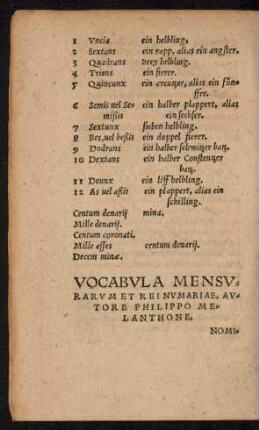 Vocabula Mensurarum Et Rei Numariae, Autore Philippo Melanthone.