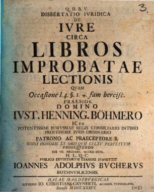 Dissertatio ivridica De ivre circa libros improbatae lectionis
