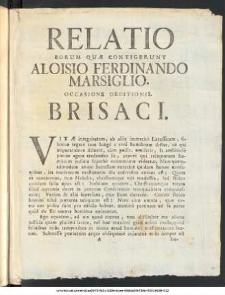 Relatio Eorum Quæ Contigerunt Aloisio Ferdinando Marsiglio. Occasione Deditionis. Brisaci