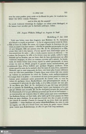 August Wilhelm von Schlegel an Auguste Louis de Staël-Holstein, Heidelberg, 17.07.1818