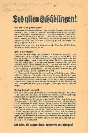 "Tod allen Schädlingen!" deutsches Durchhalteflugblatt ohne Herausgeber