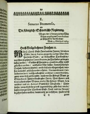 E. Senatus Bremensis, an Die Königliche Schwedische Regierung. [...]