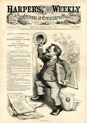 Why we laugh : Thomas Nast freut sich über die Nominierung von Rutherford Hayes und William Wheeler für die Ämter des Präsidenten und Vizepräsidenten. [In der Zeichnung befindet sich ein Textblock]