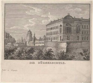 Die Bürgerschule auf der Moritzbastei im Südosten von Leipzig, im Hintergrund die Pleißenburg, Ausschnitt aus dem Bilderbogen "Erinnerungen an Leipzig" 1838 bei Polet