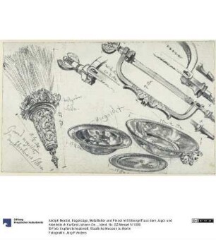 Bügelsäge, Metallteller und Pinsel mit Silbergriff aus dem Jagd- und Arbeitstisch Kurfürst Johann Georgs I. von Sachsen, Historisches Museum, Dresden