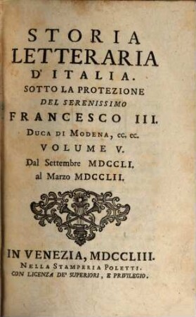 Storia Letteraria D'Italia : divisa in tre libri. 5, Dal Settembre del MDCCLI Al Marzo MDCCLII