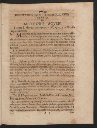 Disputationum Meteorologicarum Tertia De Meteoris Aqueis.
