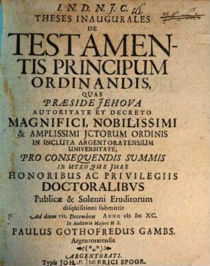 Theses inaugurales De testamentis principum ordinandis