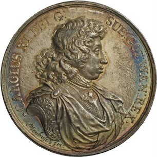 Medaille von Anton Meybusch auf die Siege König Karls XI. von Schweden über die Dänen bei Halmstad, Lund und Landskrona, 1677