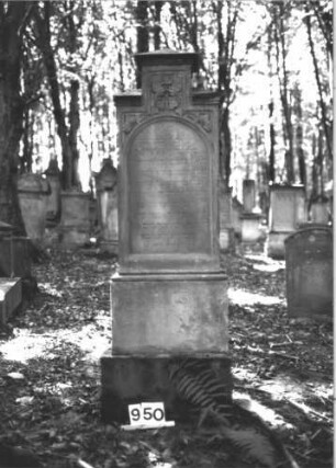 Grabstein 950 (Index: 99899469) Material: Sandstein Zustand: angewittert Maße HxBxT: 173x59x31 cm Beschreibung: Stele mit getrepptem Giebelabschluss, dachartige Aufsätze, im Giebelfeld Blattornamente (Efeu?, Akanthus), auf der Rückseite Schofar Symbolik: Schofar, Efeu?, Akanthus Besonderheit: kulturhistorisch wertvoll / hist.-wiss. Gründe (Gemeindestellung): Grabstein 950