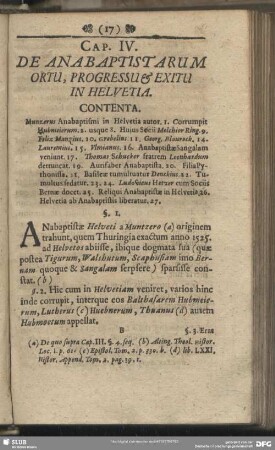 Cap. IV. De Anabaptistarum Ortu, Progressu & Exitu In Helvetia