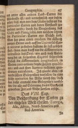 Das VIII. Cap. Von der Beschreibung der Carten zu den einzelen Welt-theilen.