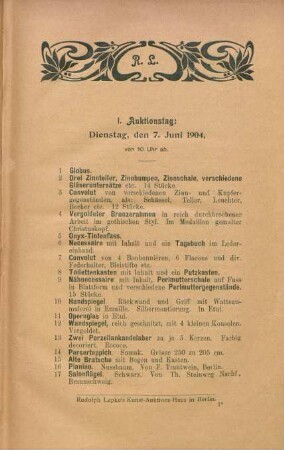 I. Auktionstag: Dienstag, den 7. Juni 1904, von 10 Uhr ab