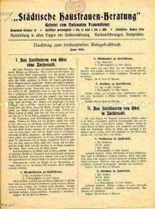Flugblatt der "Städtischen Hausfrauen-Beratung" mit Hinweisen zur Konservierung von Obst ohne Zucker