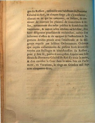 Extrait Des Registres Du Parlement, Du Samedi 21 Octobre 1752, du matin, en Vactions