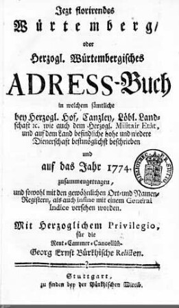 1774: Württembergisches Adressbuch, 1774