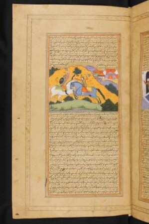 Illustration: Pūrānduḫt, Tochter des Dārāb, kämpft mit zwei Helden aus Iskandars Heer