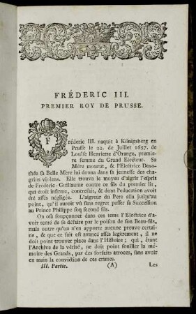 Fréderic III. Premier Roy De Prusse.