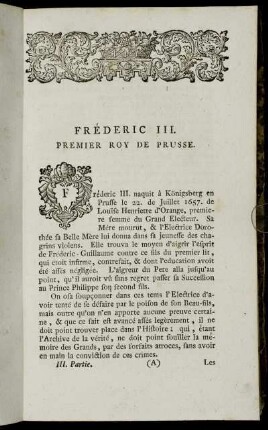Fréderic III. Premier Roy De Prusse.