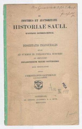 De fontibus et auctoritate historiae Sauli : quaestiones historico-criticae / scripsit Christianus Gotthold