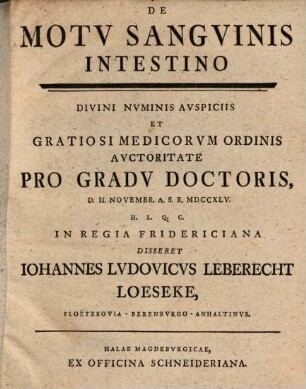 De motu sanguinis intestino, disputatio inauguralis