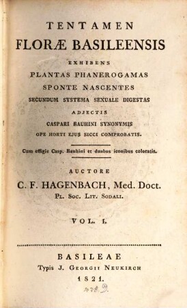 Tentamen Florae Basiliensis exhibens plantas phanerogamas sponte mascentes secundum septia sexuale digestas. 1