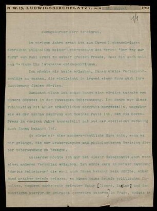 Nr. 1 Brief des Julius-Bard-Verlags für Literatur und Kunst an Ulrich von Wilamowitz-Moellendorff. Berlin, 23.8.1907