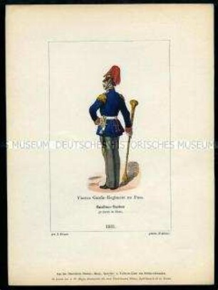 Uniformdarstellung, Bataillons-Tambour des 4. Garde-Regiments zu Fuß in Parade, Preußen, 1861. Aus: Der Soldatenfreund.