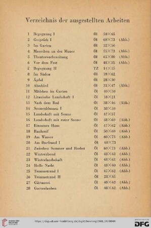 Verzeichnis der ausgestellten Arbeiten (Nr. 1-80)