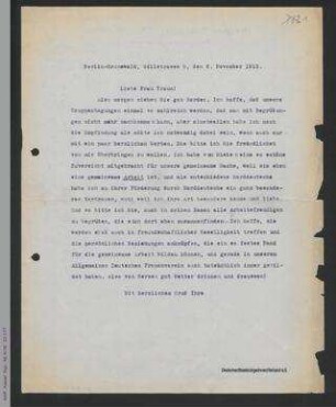 Brief von Helene Lange an Antonie Traun