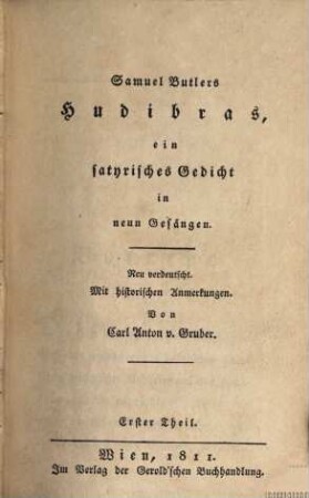 Samuel Butlers Hudibras : ein satyrisches Gedicht. 1