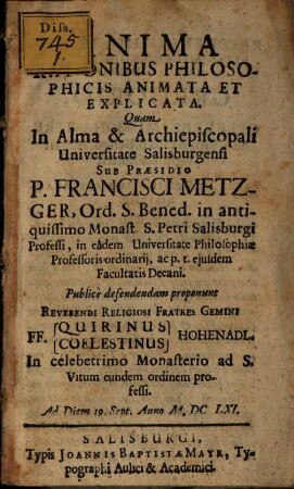 Anima, rationibus philosophicis animata et explicata