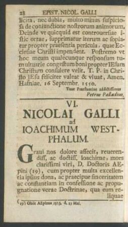 VI. Nicolai Galli ad Ioachimum Westphalum