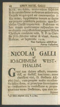 VI. Nicolai Galli ad Ioachimum Westphalum
