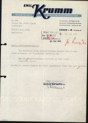 Firmenbriefkopf Emil Krumm, Baugeschäft - Zementwarenfabrikation
