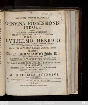 Dissertatio Ivridica Inavgvralis De Genvina Possessionis Indole