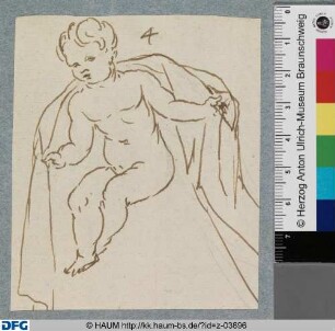 Sitzender Putto mit Draperie nach links gewendet