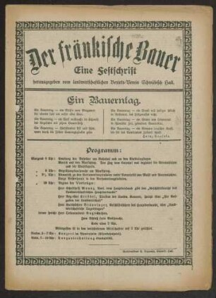 "Landwirtschaftliche Produktionssteigerung, eine Lebensbedingung für das deutsche Volk" Artikel von Ernährungsminister Dr. Schall, in der Festschrift "Der fränkische Bauer" zum Bauerntag in Schwäbisch Hall