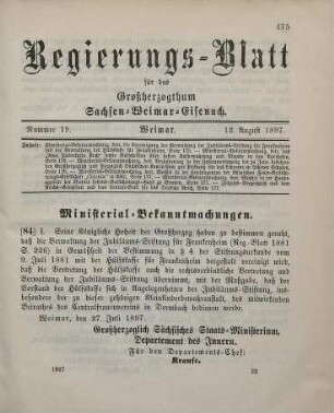 84. Ministerial-Bekanntmachung, betreffend die Vereinigung der Verwaltung der Jubiläums-Stiftung für Frankenheim mit der Verwaltung der Hülfskasse für Frankenheim