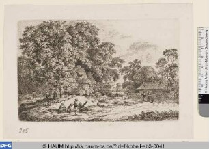 Dorf mit Fahrweg und Wanderer