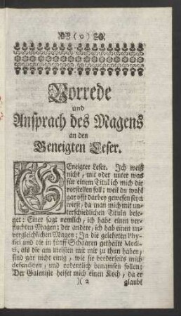 Vorrede und Ansprach des Magens an den Geneigten Leser