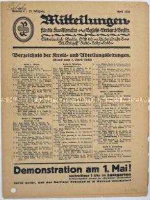 Mitteilungsblatt für Funktionäre des Bezirks-Verbandes Berlin der SPD u.a. mit einem Verzeichnis der Kreis- und Abteilungsleiter