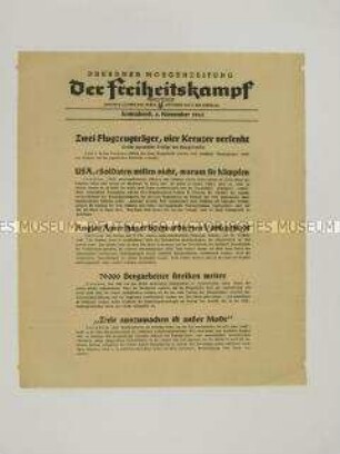 Nachrichtenblatt der sächsischen NSDAP-Zeitung "Der Freiheitskampf" mit Kurzmeldungen von verschiedenen Kriegsschauplätzen u.a. über den japanischen Luftangriff auf der Insel Bougainville im pazifischen Ozean