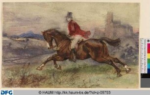 Reiter im Galopp vor Burglandschaft