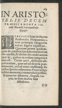 In Aristotelis Decem Praedicamenta Ioannis Murmellii Ruremundensis Isagogae.