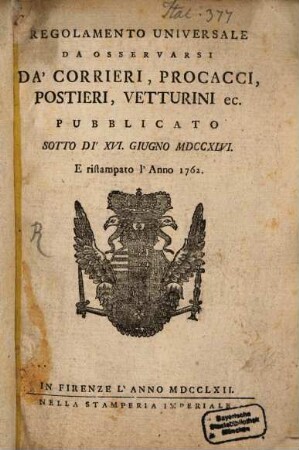 Regolamento universale da osservarsi da Corrieri, Procacci ... Vetturini
