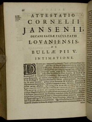 Attestatio Cornelii Jansenii, Decani Sacrae Facultatis Lovaniensis, De Bullae Pii V. Intimatione
