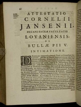 Attestatio Cornelii Jansenii, Decani Sacrae Facultatis Lovaniensis, De Bullae Pii V. Intimatione